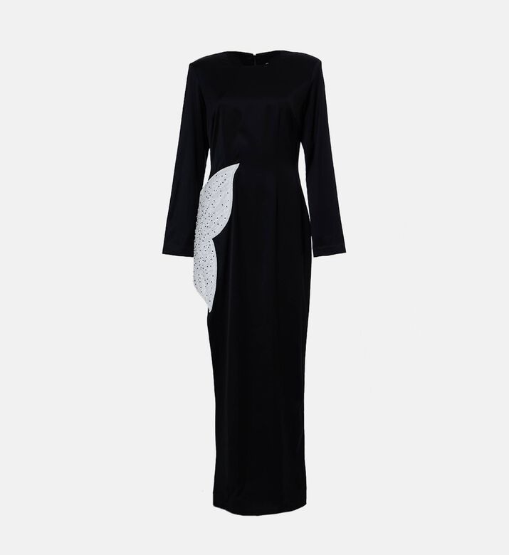 Savanna Leaf-appliqu&eacute; High-slit Dress, Black, L, Packshot View