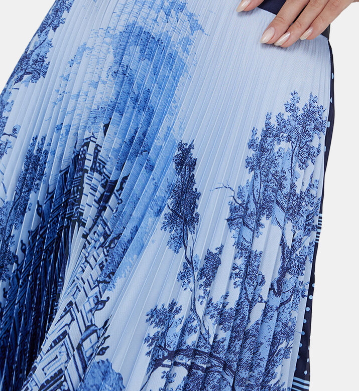 Two-print Pleated Twill Midi Skirt