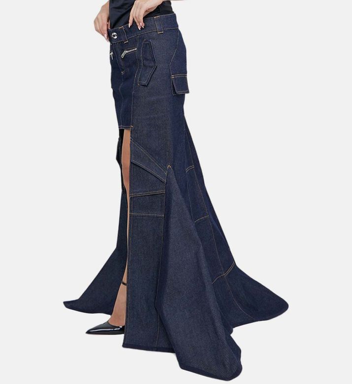 High-low Paneled Denim Cargo Skirt High-low Paneled Denim Cargo Skirt
