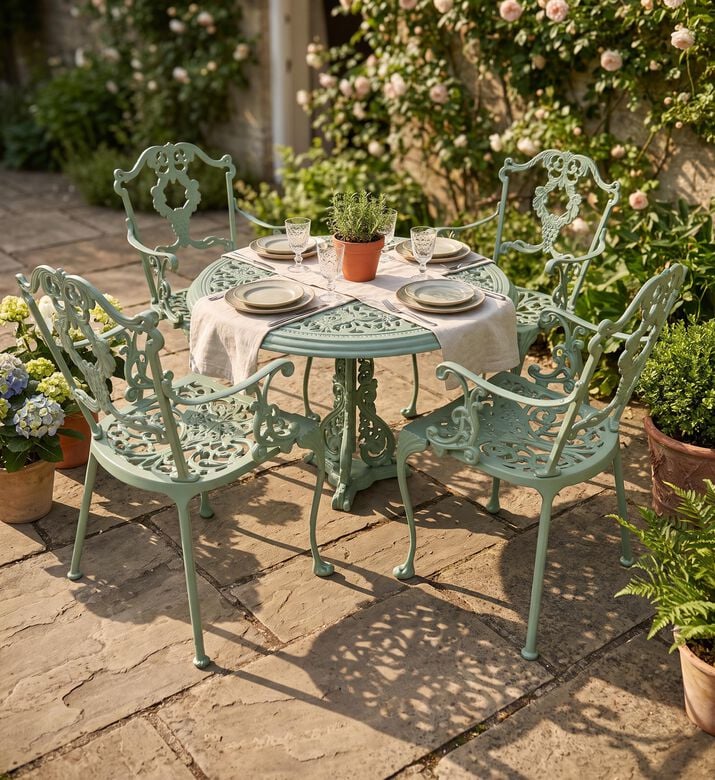 Home Deco and More Antoinette Dining Table With 4 Chairs Green 100 Cm, Packshot View