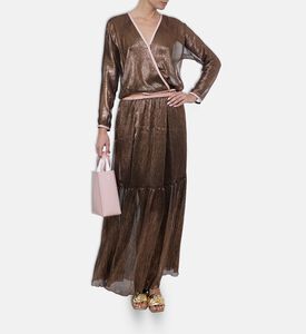 Forte-Forte Crinkled Lamé Kimono Wrap Top, Brown, L, Model View