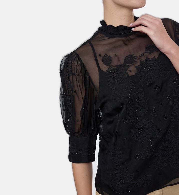 Farm Rio Embroidered Short Sleeve Blouse, Model View