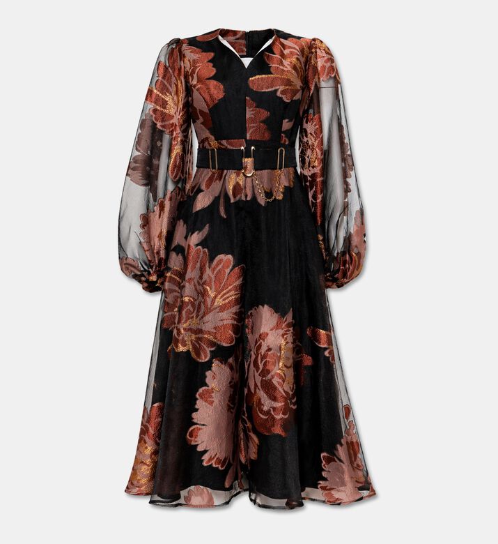 Poca and Poca Floral Long-sleeve Belted Midi Dress, Packshot View
