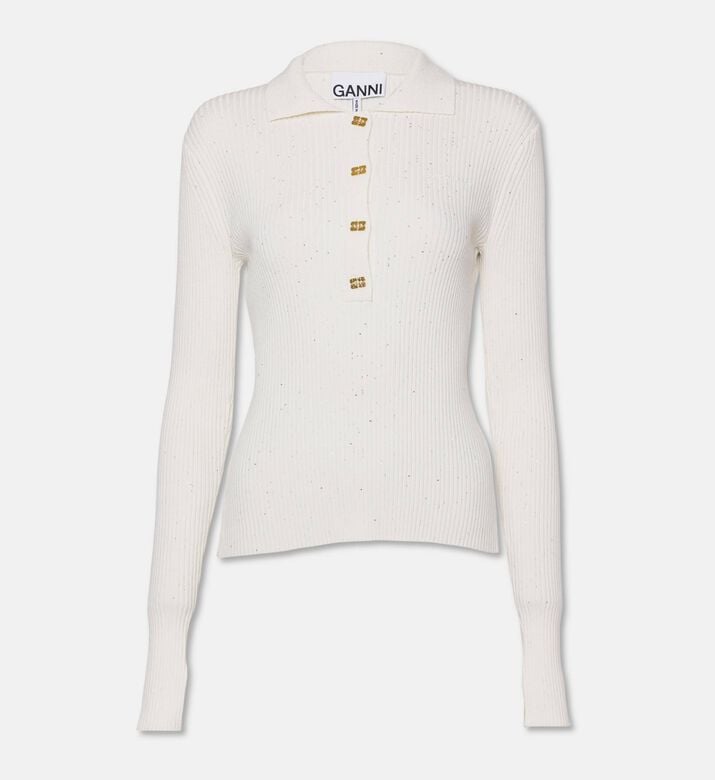 Ganni Ornate Gold-tone Buttons Ribbed Knit Top, Off-white, M, Packshot View