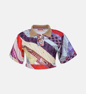 Silver Buttons Polo Collar Crop Top