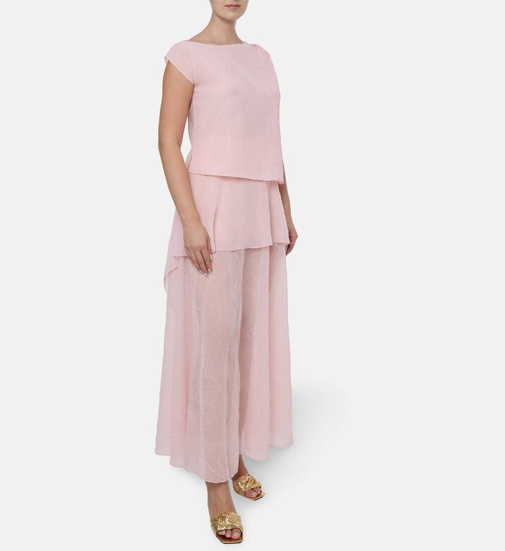 Blue For Burgundy Tonal Leaf Pattern Tiered Maxi Dress, Model View