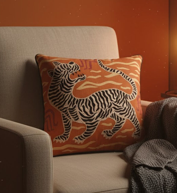 Home Deco and More Tiger Applique Embroidered Cushion, Orange, Packshot View