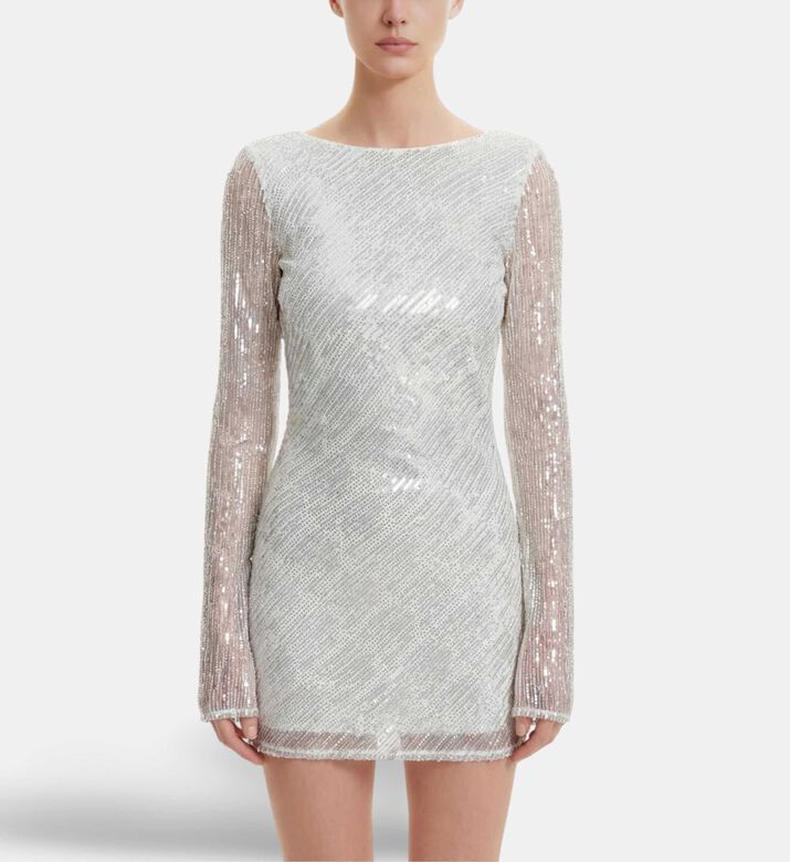 JW PEI Diagonal Sequin Open-back Long-sleeve Mini Dress, Model View