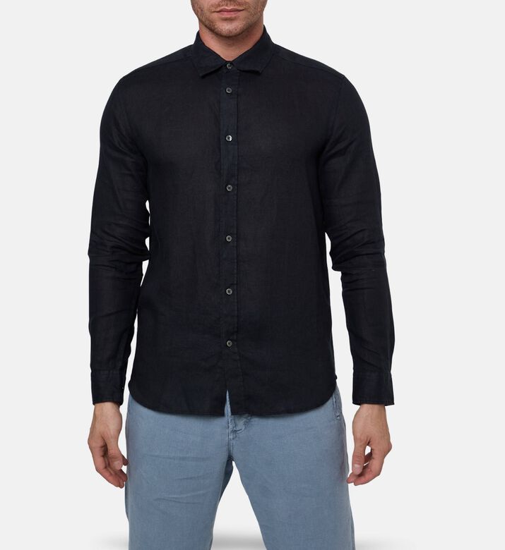 Galeries Lafayette Linen Button-down Classic Collar Shirt, Black, S, Model View