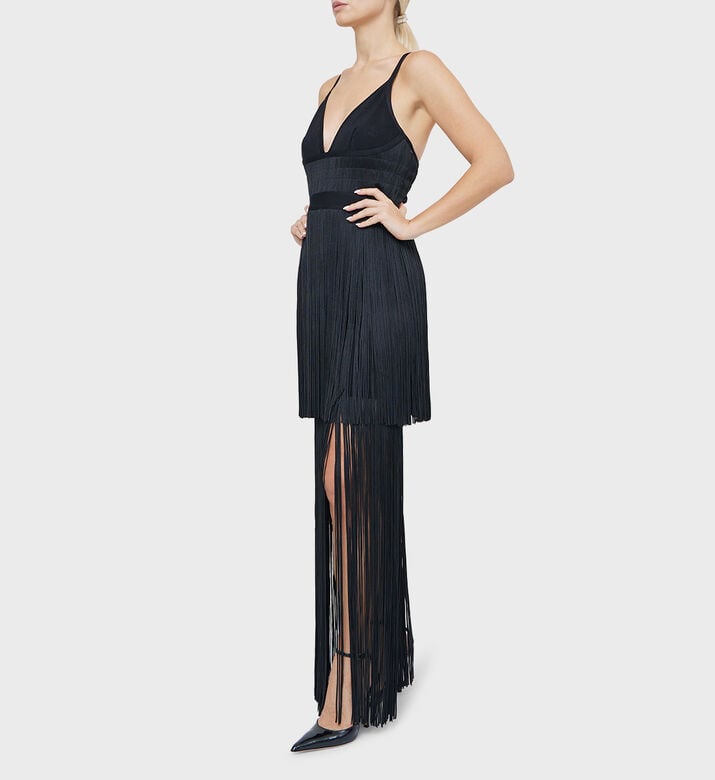 Bustier Inspired Plunging Fringe Gown Bustier Inspired Plunging Fringe Gown