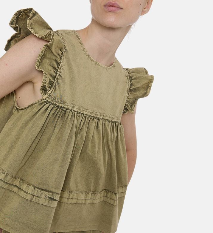 Ganni Cotton Ruffle Sleeve Top, Model View Ganni Cotton Ruffle Sleeve Top, Model View