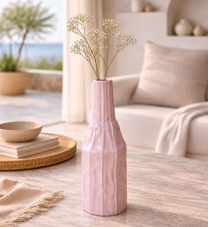 Kersten Ceramic Glazed Ribbed Vase, Pink, 8.2x8.2x28.5-cm, Packshot View