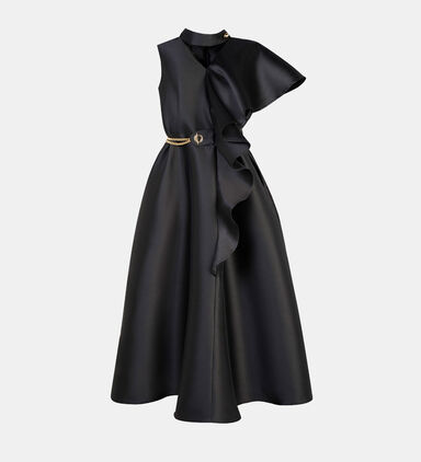 Asymmetrical-ruffle Choker Flared Midi Dress
