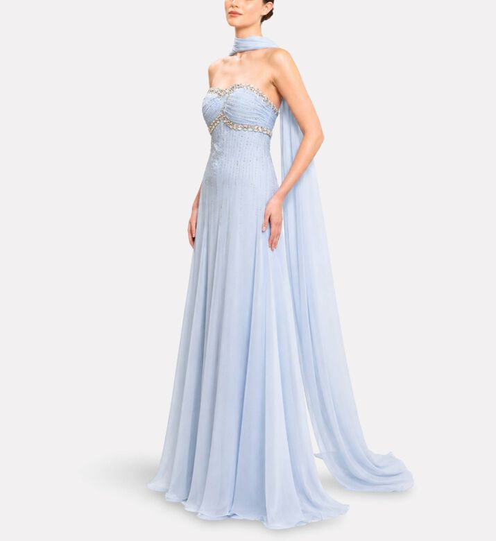 Michael Cinco Chiffon Strapless Embellished Evening Dress, Model View