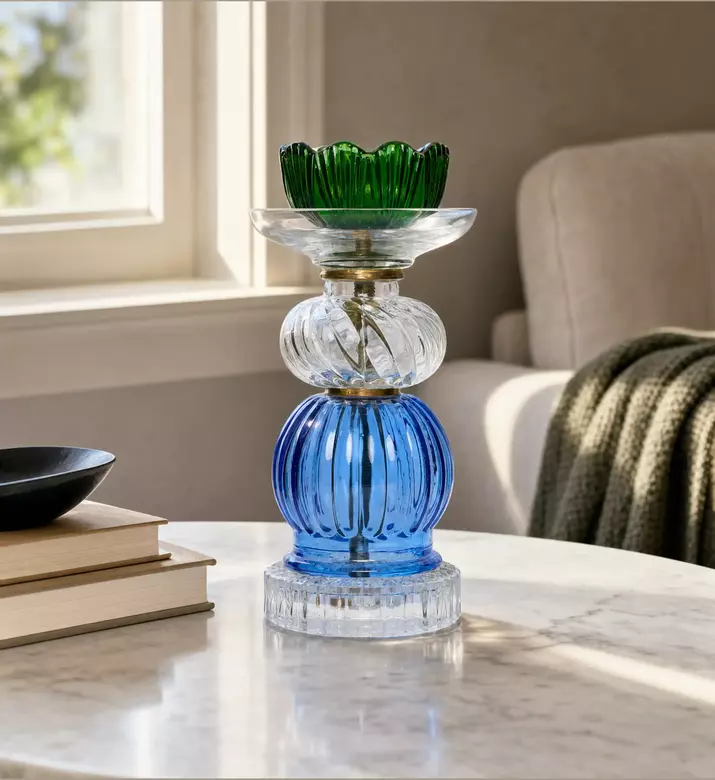 Noorena Quilted Glass Candle Holder, Transparent, 30-cm, Model View