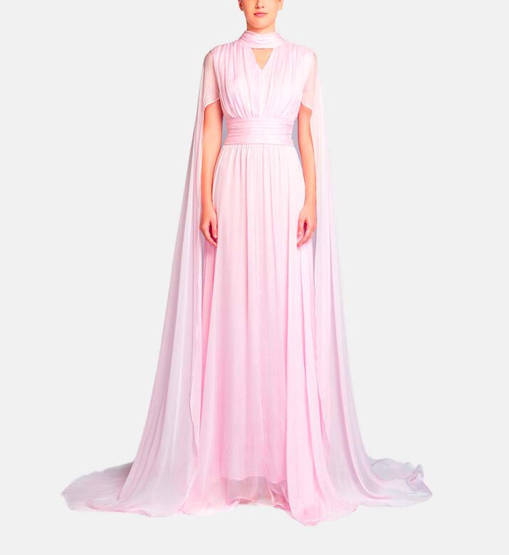 Michael Cinco Silk High Neck Sleeveless Flared Dress, Light-pink, S, Model View