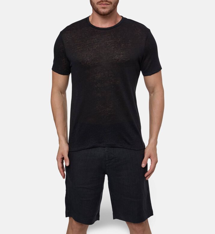 Galeries Lafayette Linen Washed-effect Crewneck T-shirt, Black, S, Model View