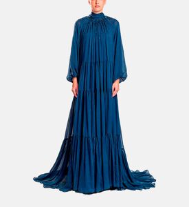 Michael Cinco Long-sleeve High Neck Flared Dress, Blue, Model View