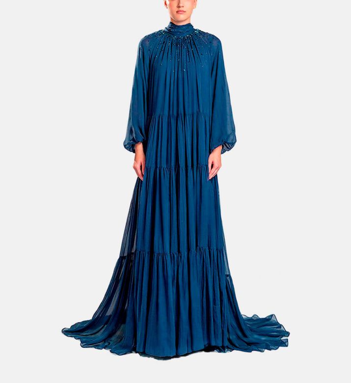 Michael Cinco Long-sleeve High Neck Flared Dress, Blue, Model View