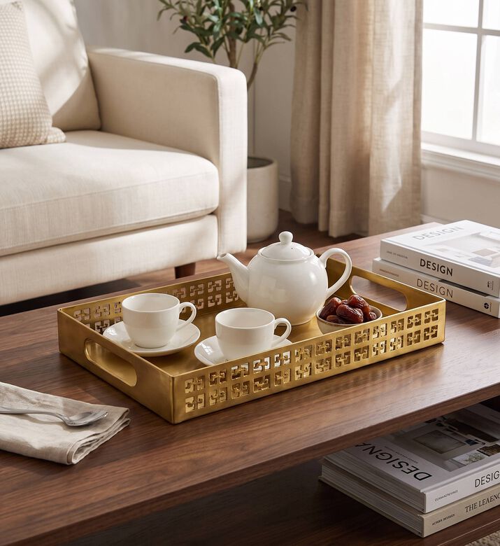 Tohfa Luxe Cutout Gold Metal Serving Tray, Gold, 37x23x6.5-cm, Model View