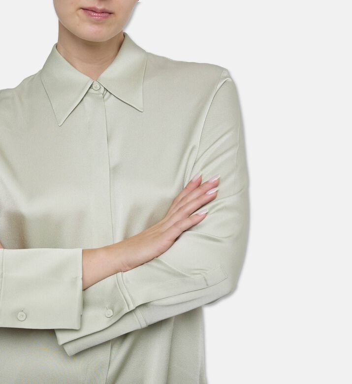 Jil Sander Sage Green Lustrous Satin Oversized Shirt, Model View