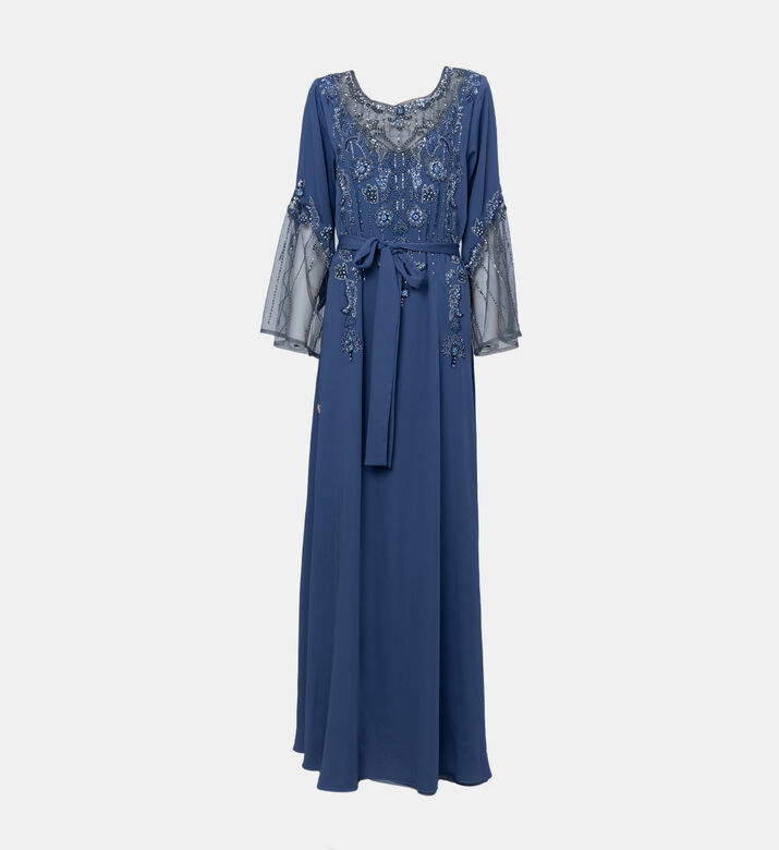 Sheer-embellished Long Sleeve Dress