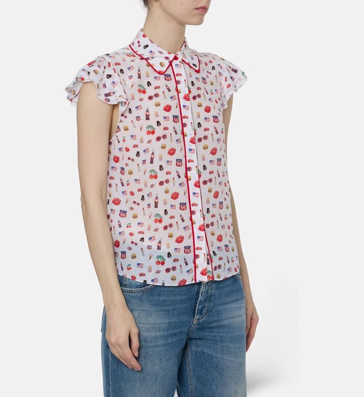 Alice and Olivia Silk Printed Flutter-sleeve Shirt, Model View