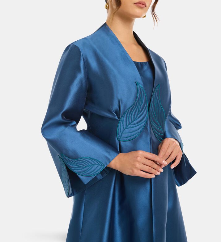 Savanna Alia Leaf Applique Kimono Abaya, Blue, L-xl, Model View