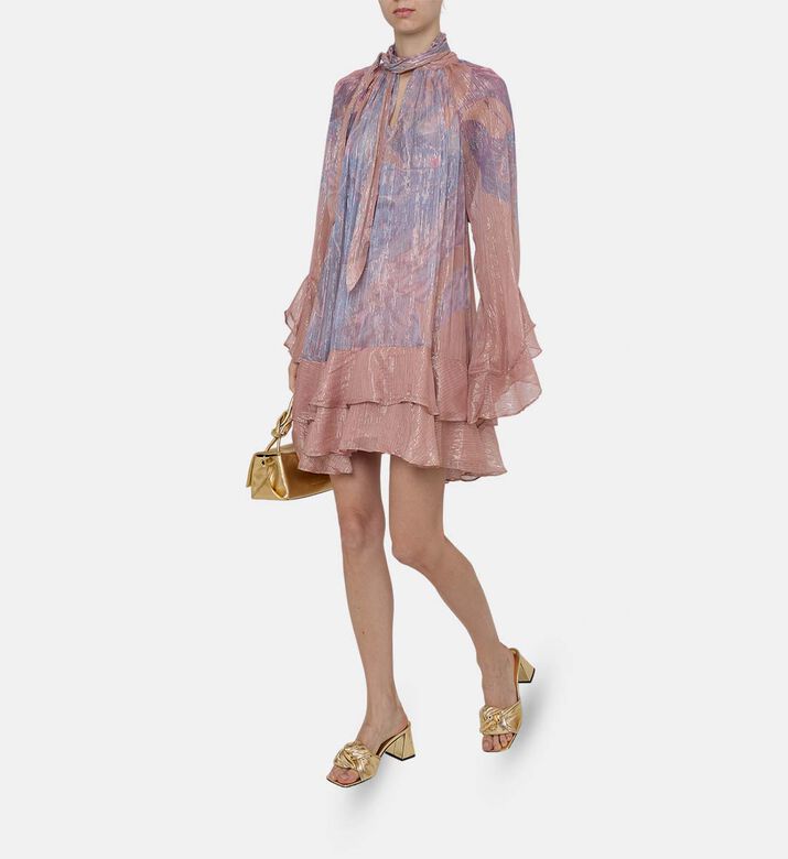 Metallic Ruffle Neck Tie Mini Dress