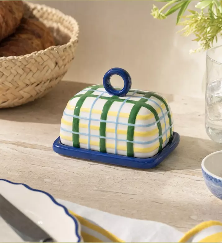 &k Amsterdam Plaid Pattern Butte Dish, Blue, Model View