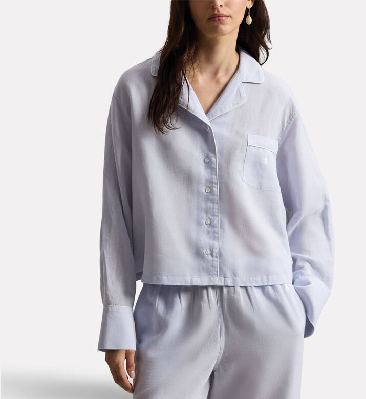 Polo by Ralph Lauren Linen Cotton Long-sleeve Pajama Set, Light-blue, M, Model View