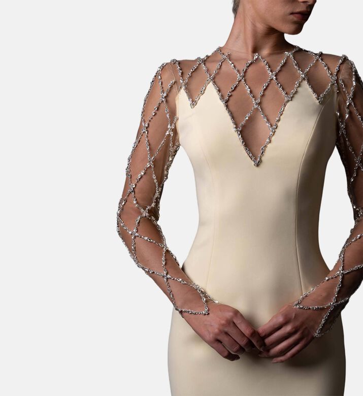 Jean Louis Sabaji Crystal-embellished Long-sleeve Gown, Model View