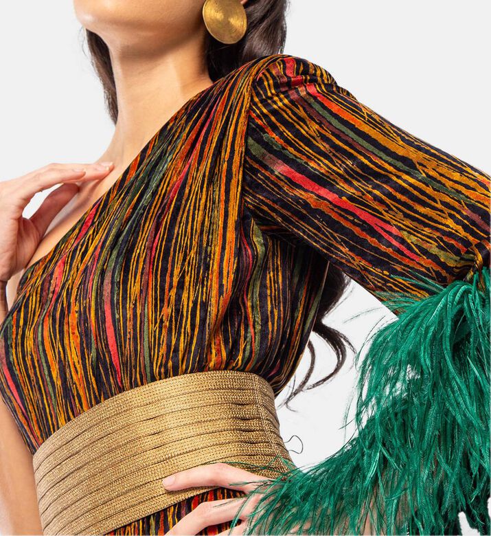 فستان بأكمام طويلة بأطراف ريش