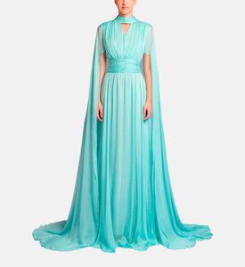 Michael Cinco Silk High Neck Sleeveless Flared Dress, Light-blue, Xl, Model View