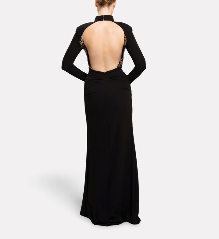 Michael Cinco Draped Bodice Cutout Long Evening Gown, Model View