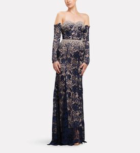 Michael Cinco Off-shoulder Lace Long Dress, Model View