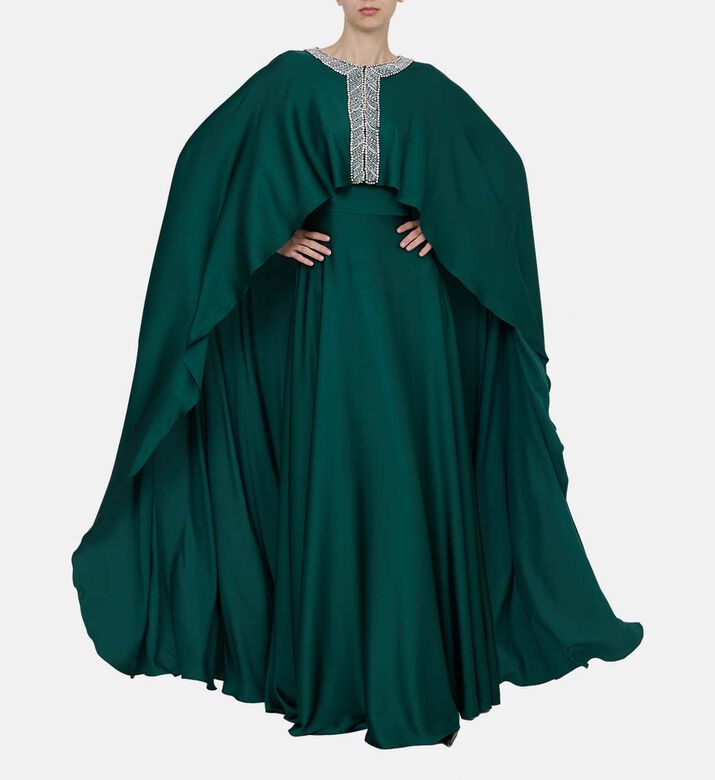 Embellished Neckline Cape Dress