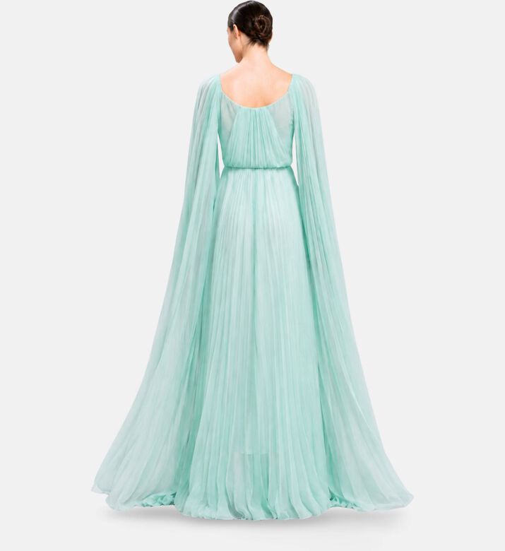 Michael Cinco Chiffon Pleated Scoop-neck Evening Dress, Model View
