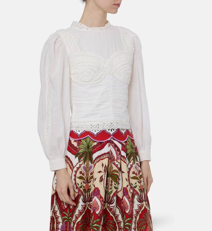 Farm Rio Crochet Long-sleeve Blouse, Model View