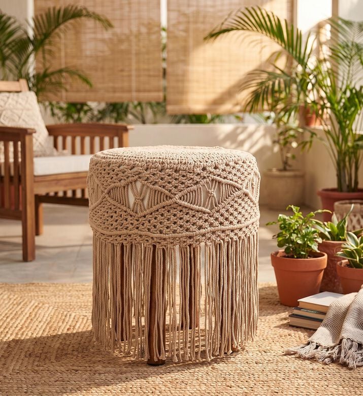 Home Deco and More Mocha Hand-knotted Pattern Stool, Packshot View