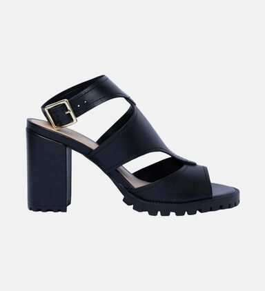 Block Heel Strip Cutout Sandals