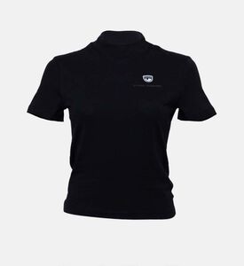 تي شيرت قطن بياقة عالية وطبعة شعار