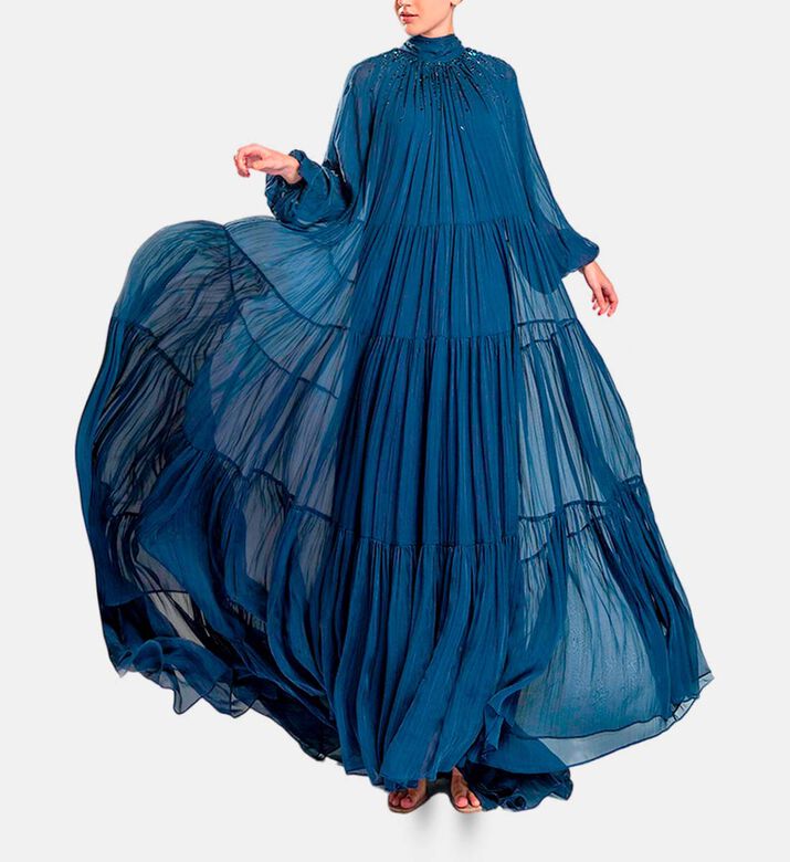 Michael Cinco Long-sleeve High Neck Flared Dress, Blue, Model View