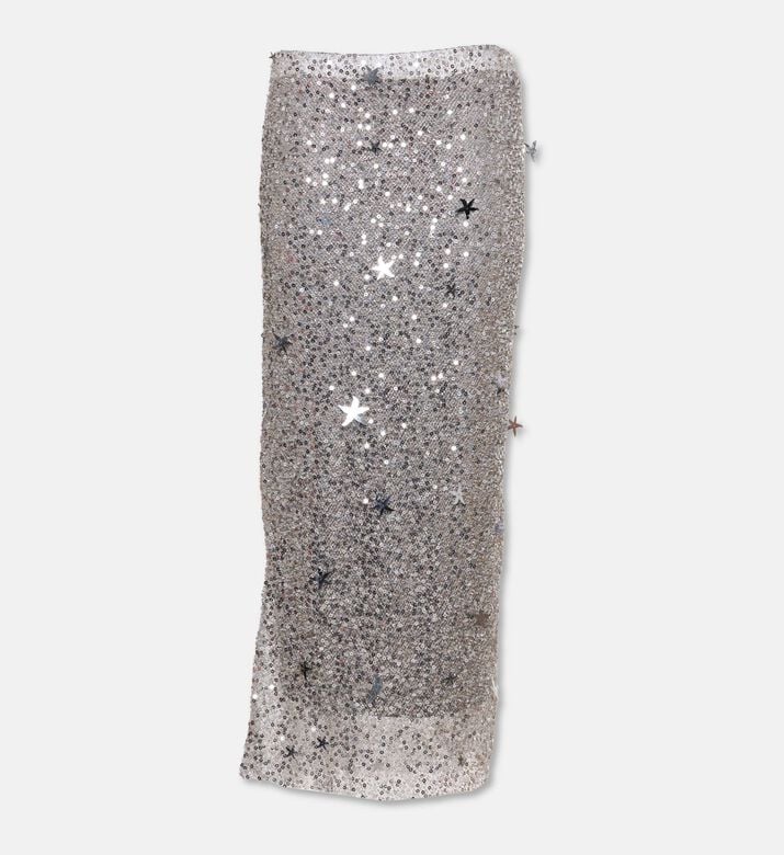 Leslie Amon Sequined Silver Mesh Column Midi Dress, Packshot View