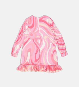 فستان طويل الأكمام بكشكشة وطبعة تجريدية