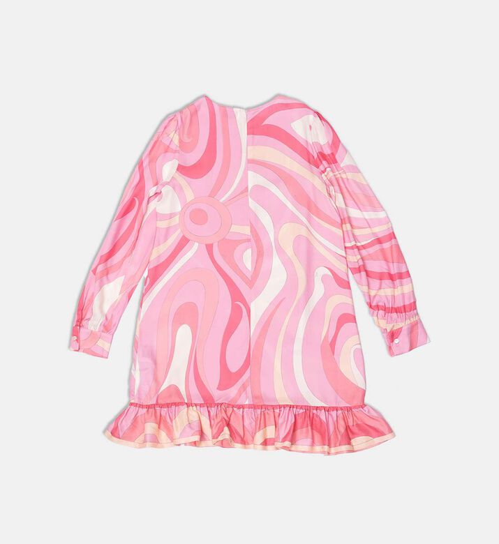 فستان طويل الأكمام بكشكشة وطبعة تجريدية