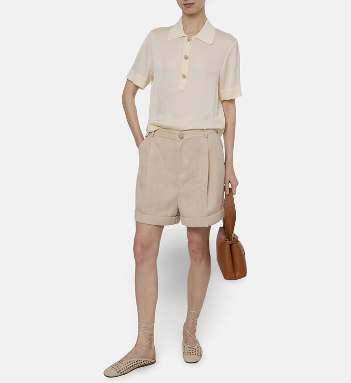 Edward Achour Paris Knitted Short-sleeve Polo Top, Ivory, 40, Model View