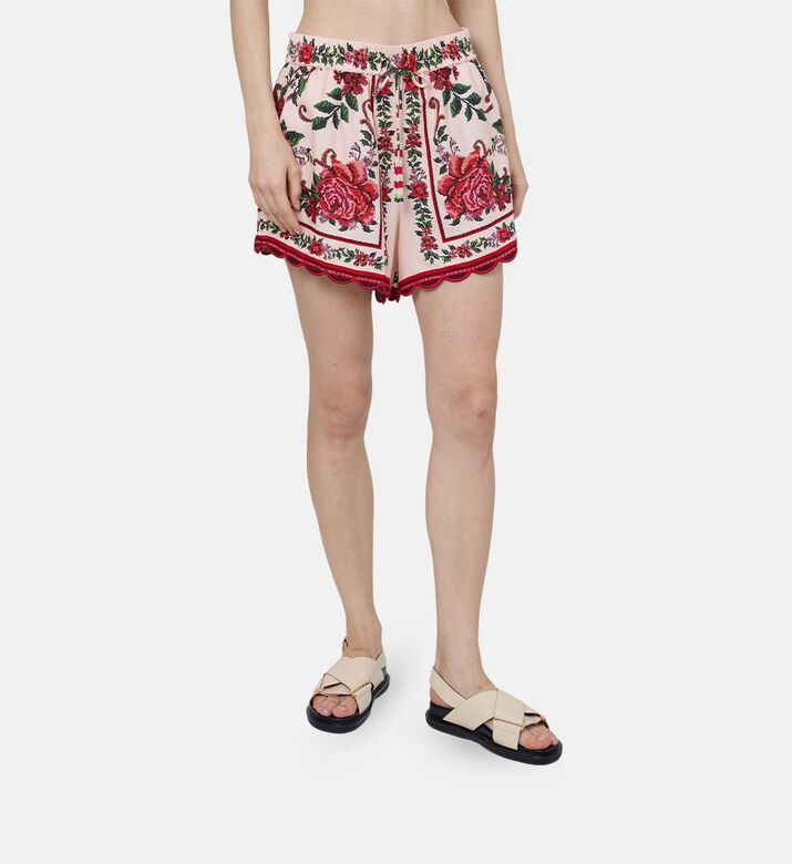 Floral-embroidery Scalloped Hem Shorts