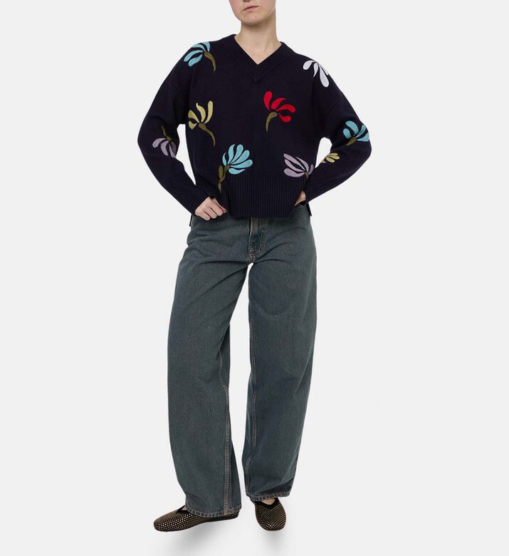 Beatrice B Knit Floral-embroidery V-neck Sweater, Model View