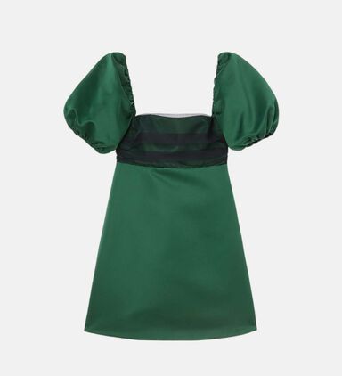 Green-with-navy Puffy Sleeves Dress